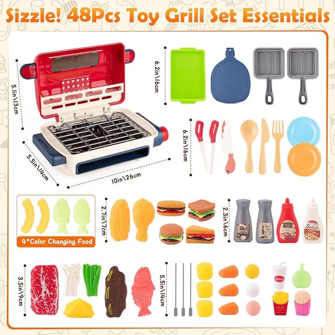 48-Piece Kids BBQ Grill Playset with Lights & Sounds, Spray Food, Role Play Kitchen Accessories, Children's Kitchen Toys, Gift for Boys & Girls Ages 3-6+