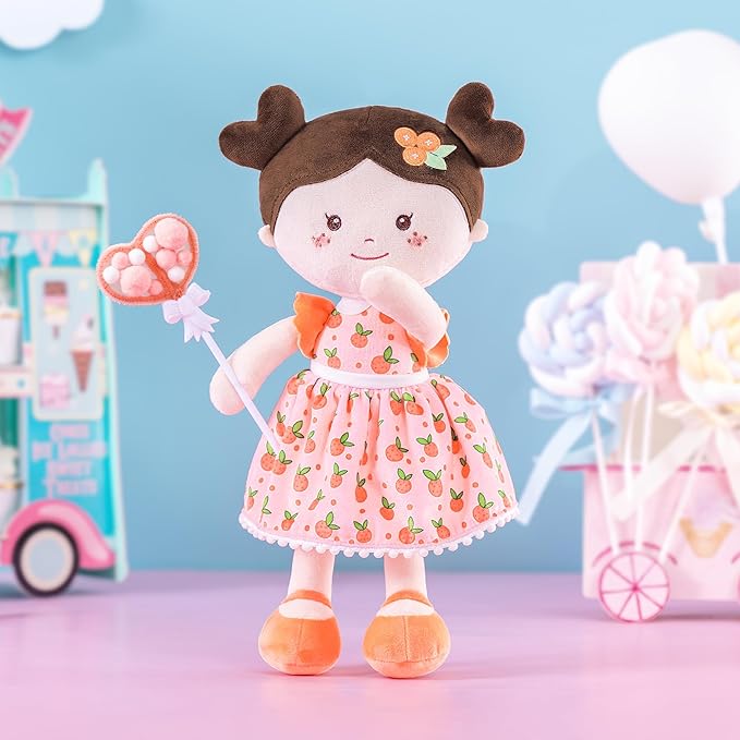 Onetoo Baby Soft Dolls Girls First Baby Doll Sleeping Cuddle Buddy Dolls Plush Rag Doll for Girls Wear Orang Dress 14"