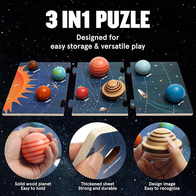 Wooden Solar System Model Board，Kids Solar System with Astronauts ，Montessori Planet Toys,Educational Planets Balls,Preschool Learning Puzzle，Space Knowledge Flash Cards Learning Toys for Kids