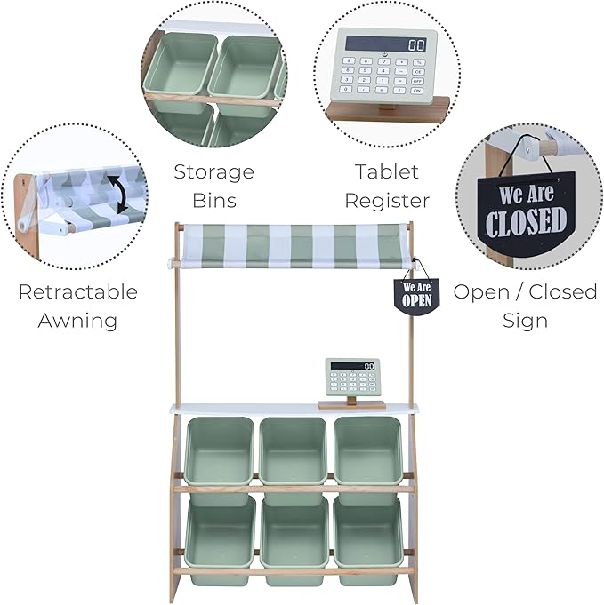 Teamson Kids Little Helper Wooden Farmer's Market Stand with Pretend Cash Register and 6 Plastic Storage Bins, Green, TD-13638A-AMZ
