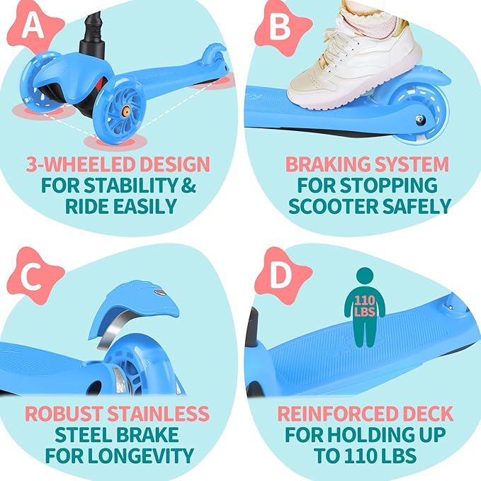 BELEEV A1 Scooter for Kids Ages 2-6, 3 Wheel Kick Scooter for Toddlers Girls Boys, Light up Wheels, Adjustable Height, Lean to Steer, Non-Slip Deck, Lightweight Push Scooter for Children