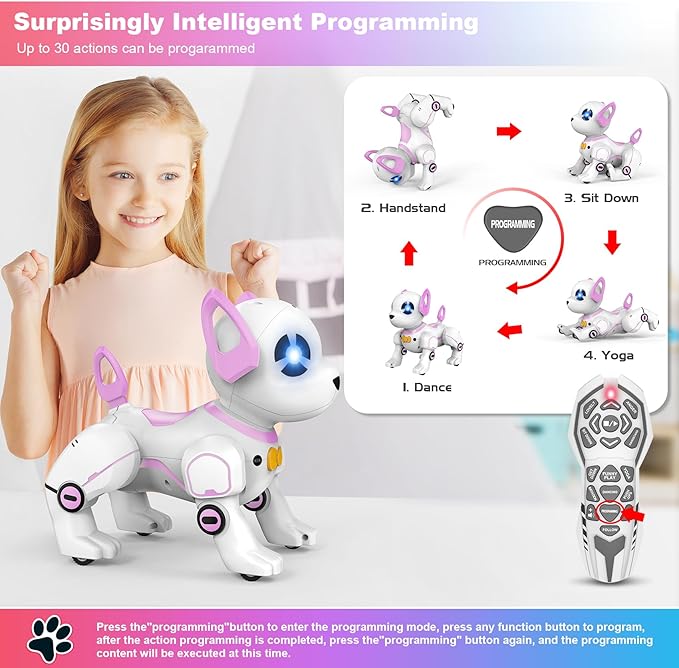 Remote Control Robot Dog Toy, RC Dog Programmable Smart Interactive Robotic Pets, RC Stunt Robot Toys Dog Imitates Animals Follow Functions for Boys Girls Toy RC Car Robot Dog Pink