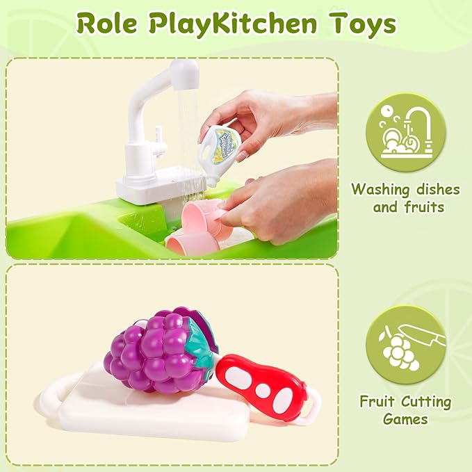 Play Sink with Running Water, Toddler Sink Toy with Running Water Kitchen Sink Toys with Apron Water Toys for Toddlers 1-3 Girls Kids Sink Children Electric Dishwasher Play House Pretend Role