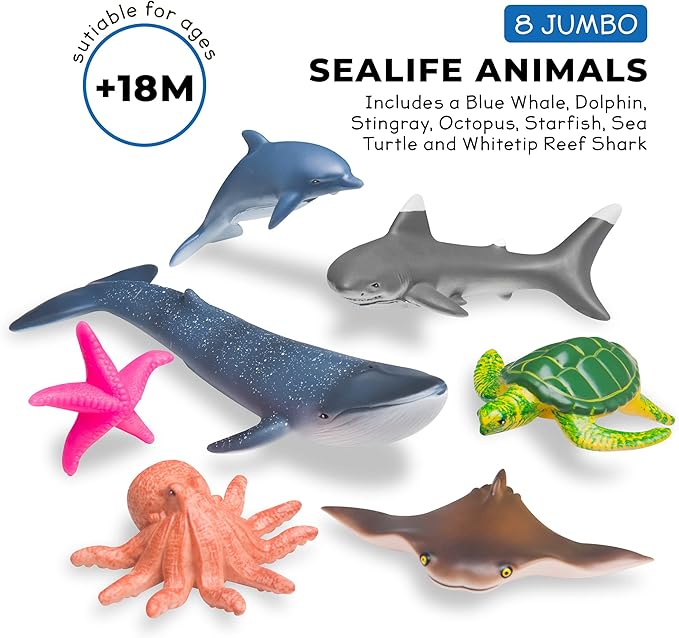 Learning Minds Jumbo Sea Animals - Set of 7 Educational Ocean Fish Toys for Kids - Shark, Whale, Dolphin, Octopus Animal Figures - Toy Fish & Sea Creatures for Toddlers - Age 18 Months +