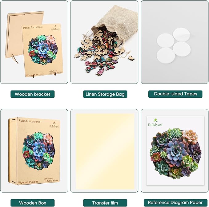 Succulent Wooden Puzzle Adult,200 Pieces Round Mandala Plants Puzzles,Extra Thick 5MM,Unique Shaped Liberty Jigsaw Puzzles for Adults and Kids, Family Game,Birthday Gifts,11.2x11.2 Inches