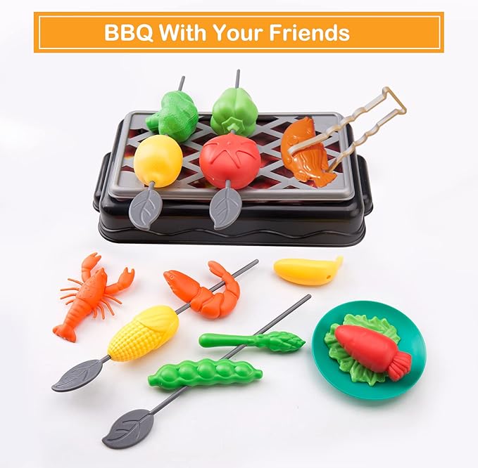 105Pcs Kids Kitchen Toy Accessories, Toddler Pretend BBQ Camping Cooking Playset, Play Pots, Pans, Utensils Cookware Toys, Play Food Set, Vegetables, Learning Gift for Girls Boys