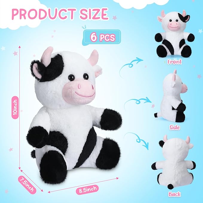 Syhood 6 Pcs Cute Cow Stuffed Animals 10 Inch Cow Plush Toys for Kids Soft Plushie Farm Animal Lover Party Supplies Birthday Soft Toy Gifts for Baby Boys Girls Adults