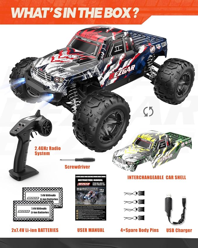 BEZGAR HM161 Hobby Grade 1:16 Scale Remote Control Truck, 4WD High Speed 40+ Kmh All Terrains Electric Toy Off Road RC Vehicle Car Crawler with 2 Rechargeable Batteries for Boys Kids and Adults