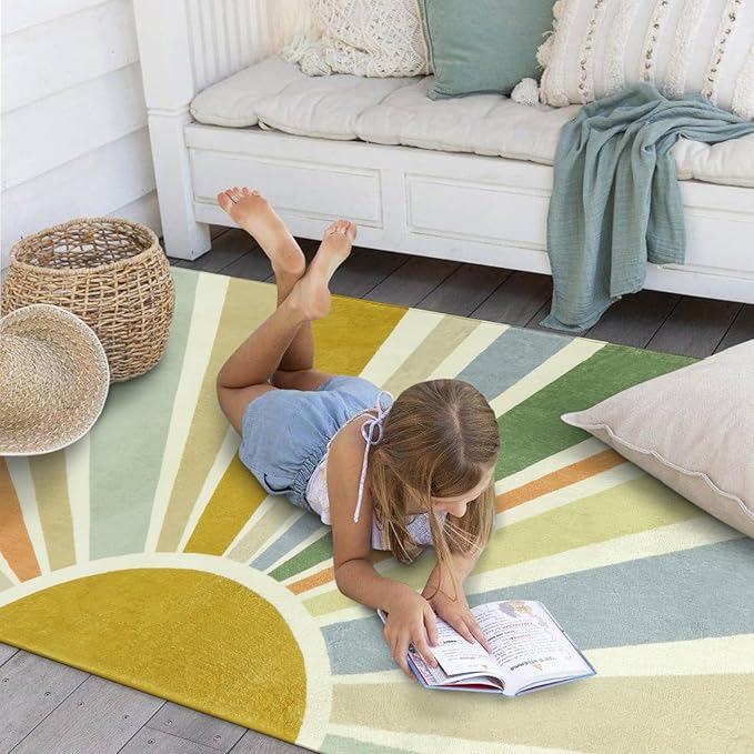 STARUIA Boho Washable Rug 3'x5' Kids Area Rug for Playroom, Colorful Kids Rug for Bedroom, Non-Slip Throw Sun Carpet Soft Small Sunshine Rugs for Office Nursery Entryway Dorm