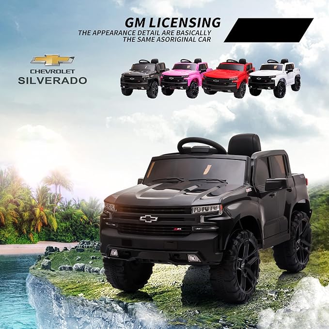 12V Licensed Chevrolet Silverado GMC Ride on Car,Battery Powered Electric Vehicle Jeep,Ride On Truck w/Remote Control, MP3/Bluetooth, Spring Suspension, LED Light (Black)