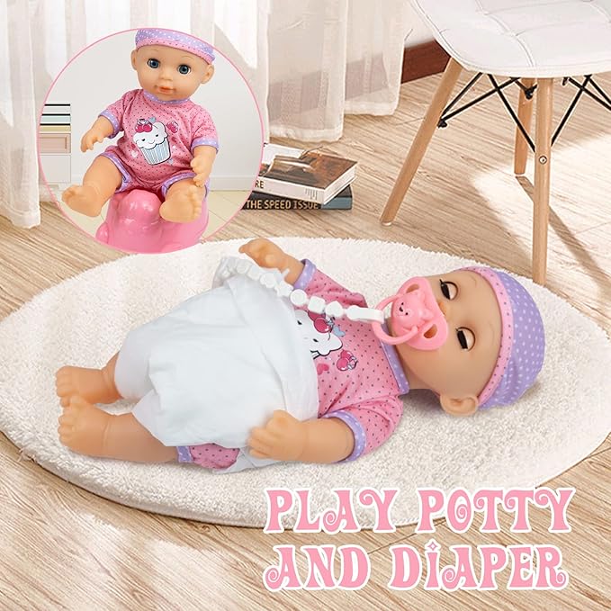 RedCrab Baby Doll Toys Set, Newborn Dolls PlaySet with High Chair Stroller Feeding,Tableware Set and Doll Clothes Accessories, 15+ pcs Toddler Pretend Play Gift Toys for Girls - 12" Dolls