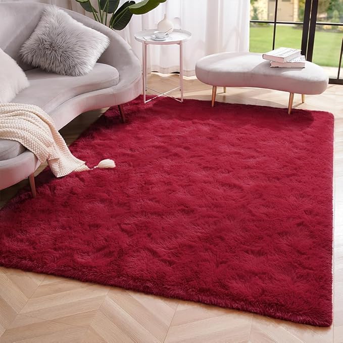 Amearea Premium Soft Fluffy Rug 4x5.3 Feet, Fuzzy Area Rugs for Bedroom, Shag Carpet for Living Room Nursery Kids Room Decor, Comfortable Indoor Furry Dorm Carpets, Wine Red