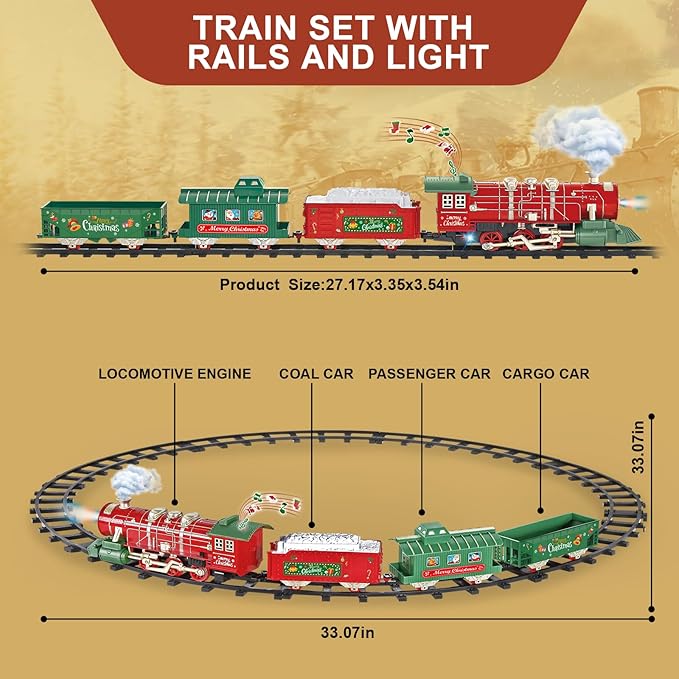 Train Set - Train Set for Toddlers w/Music Light & Smoke, Christmas Train Sets for Around The Tree, Train Toys for Kids 4-7, Christmas Train for 3 4 5 6 7 8 Year Old Boys Girls Kids Birthday Gift