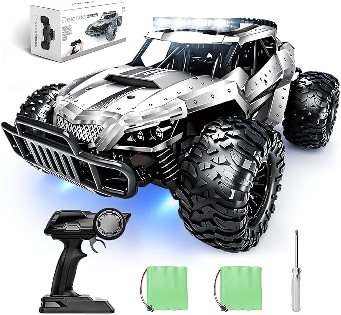 Tecnock RC Car 1/16 Scale Remote Control Car for Boys, High Speed 20 Km/h All Terrains Rc Monster Truck with Two Rechargeable Batteries & Head Chassis Lights Gift Toy for Kids Adults, Silver