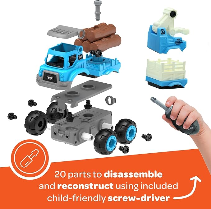 3-in-1 Build N Drive RC Truck - Take Apart Toy Building Kit for Boys - 20pc STEM Set, Car Building Toys for Kids 3-6 - Tow, Log Carrier and Cargo Trucks
