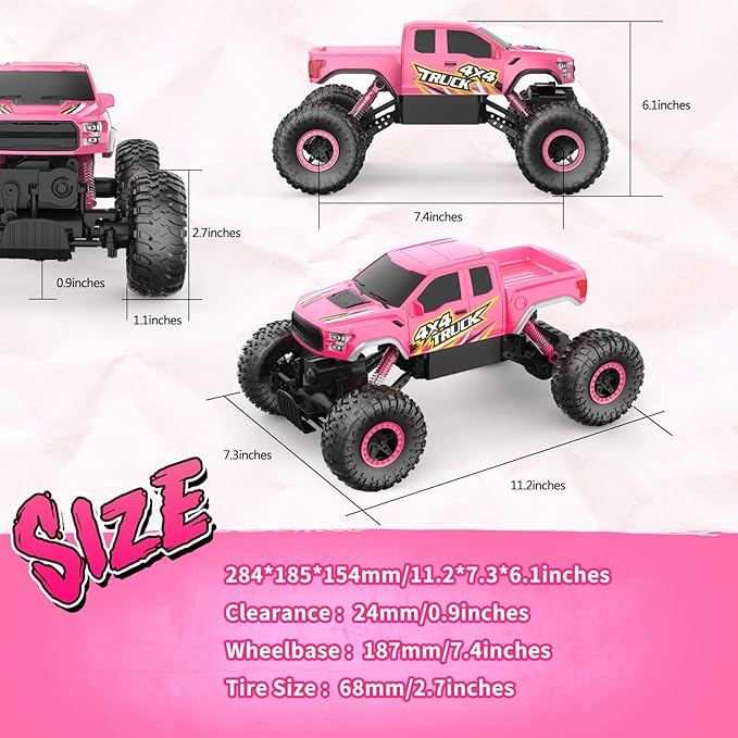 Double E Raptor F150 RC Car 4WD 2 Motors Monster Trucks for Girls, 11 Inches Off Road Crawler Vehicle Truck Toy with Rechargeable Battery Gift for Kids 6 7 8 9 10 11 12 Years-Pink