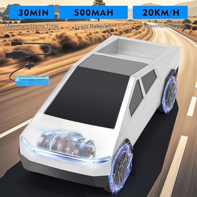 Remote Control Pickup Truck, 1/24 Scale Racing Car Model, Rechargeable Battery & Light and Loadspace, for Adults and Boys (Silver)