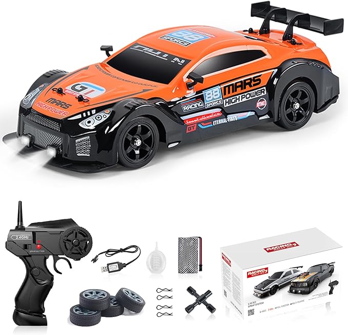 YUZ RC Car RC Drift Car 1/16 Scale 2.4GHz 4WD 18KM/H High Speed Remote Control Car with LED Lights Spray Racing Toy Car for Adults Boys Girls Kids Gift Rechargeable Batterie Drifting Tires