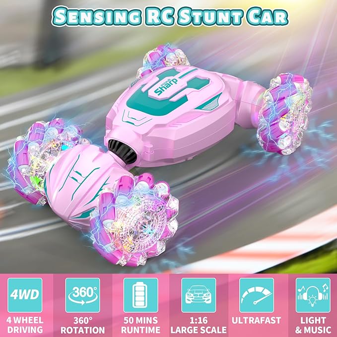 Gesture Sensing RC Stunt Car, Pink Remote Control Car for Girls Birthday Gifts, Pink RC Car for Kids Age 6-12, 2.4Ghz Hand Controlled Twist Cars, 360° Rotating Cars Toy for Girls Age 8 9 10 11+