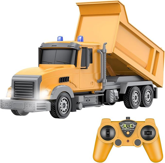 Remote Control Construction Vehicle Toy, 6 Channel RC Dump Truck with 2 Rechargeable Batteries, 1/24 Scale, Birthday Gift Idea for Boys 3-8 Years