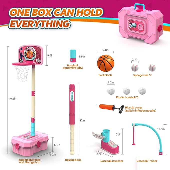 Kids Basketball Hoop and T-Ball Set for Kids 3-5, 3 Adjustable Toddler Basketball Hoop Indoor Outdoor Kids Toys Birthday Gift for Boys Girls