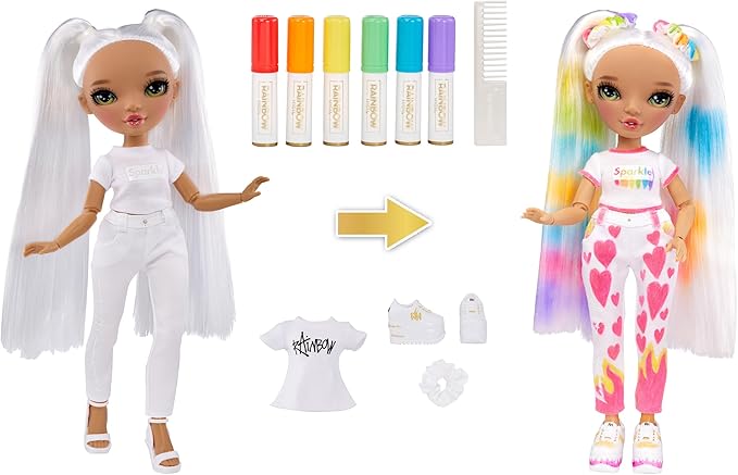 Rainbow High Color & Create Fashion DIY Doll with Washable Rainbow Markers, Green Eyes, Straight Hair in 2 Pig Tails, Bonus Top & Shoes. Color, Create, Play, Rinse and Repeat. Creative 4-12+