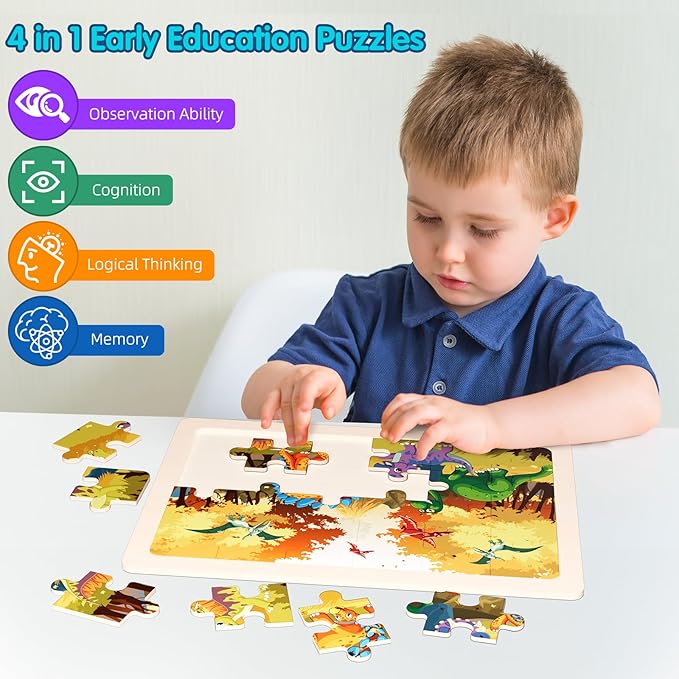 Jigsaw Puzzles Dinosaur Wooden Puzzles for Kids Ages 3-5 Preschool Educational Brain Teaser Boards Toys Four Season Gifts for 3 4 5 6 Year Old Boys Girls 4 Packs 24 Pcs (Dinosaur Theme)