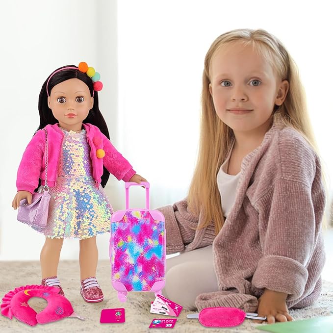 K.T. Fancy 18 Inch American Doll Clothes and Accessories, Doll Travel Suitcase Playset for Girls, Cute Travel Doll Clothes for 18 Inch Girl Doll(Not Include Doll & Shoes)