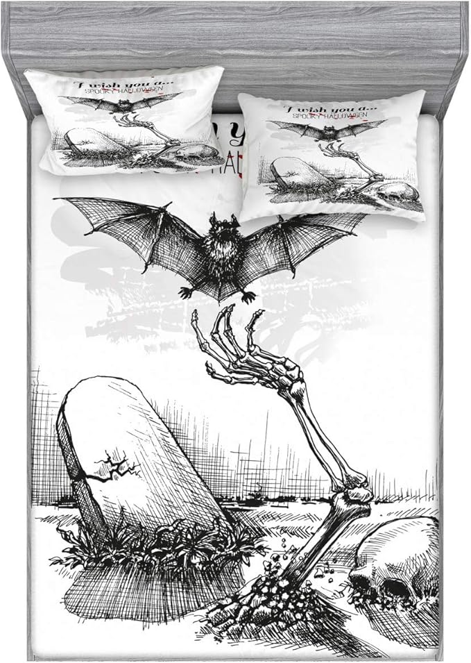Ambesonne Halloween Fitted Sheet & Pillow Sham Set, Dead Skull Skeleton Out of The Grave and Flying Bat Hand Drawn Spooky Picture, Decorative Printed 3 Piece Bedding Decor Set, Full, Black Ecru