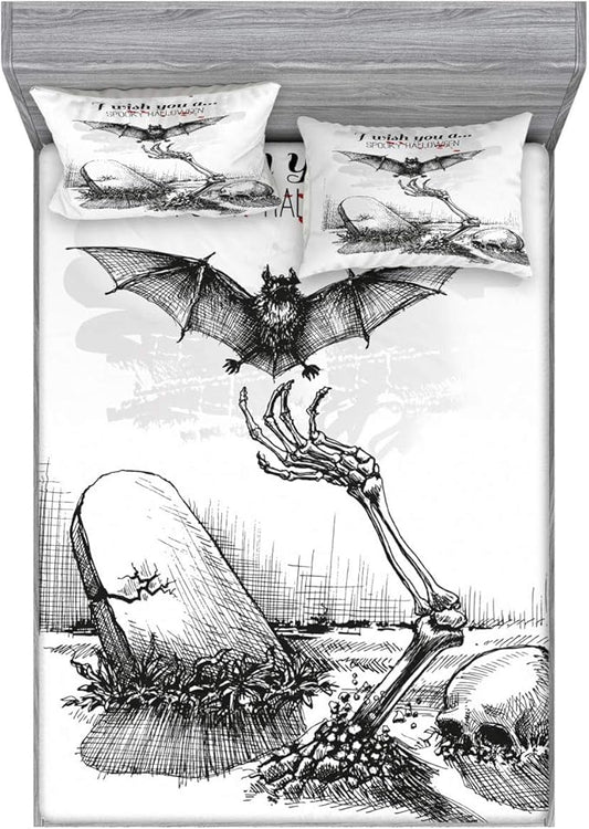 Ambesonne Halloween Fitted Sheet & Pillow Sham Set, Dead Skull Skeleton Out of The Grave and Flying Bat Hand Drawn Spooky Picture, Decorative Printed 3 Piece Bedding Decor Set, Full, Black Ecru