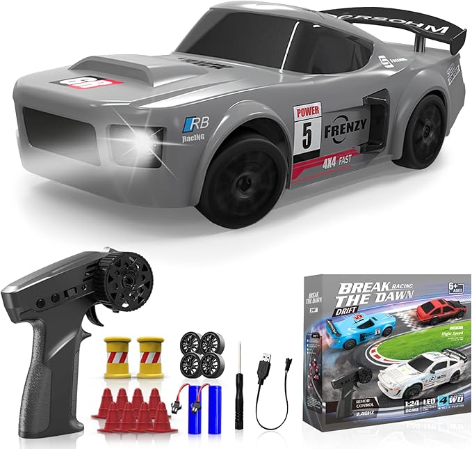 RC Drift Car, 1/24 Remote Control Car, 2.4Ghz 17KM/H High Speed RC Cars with LED Lights, Extra Tires, 2 Rechargeable Batteries, 4WD Racing Car Toys Christmas Birthday Gift for Kids Boys Girls Adults