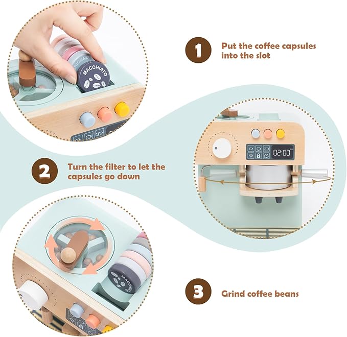 Kids Coffee Maker Playset, 23PCS Wooden Kitchen Toys, Play Kitchen Accessories for Toddler, Espresso Machine Playset, Gift for Boys and Girls 3 4 5 Years