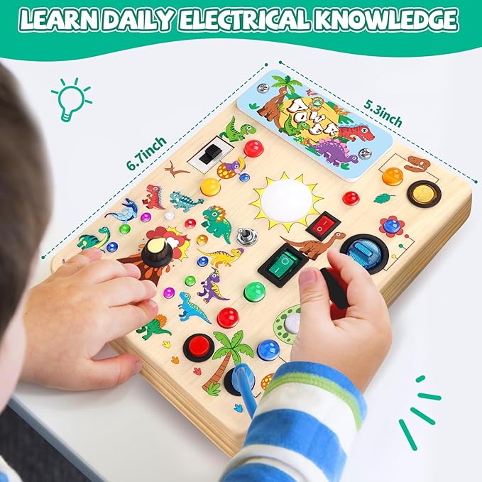 Dinosaur Busy Board, Wooden Toddler Toy, Sensory Travel Toy, Ideal Gift for 1-3 Years Old Boys (Dinosaur Busy Board Plus V2), Blue