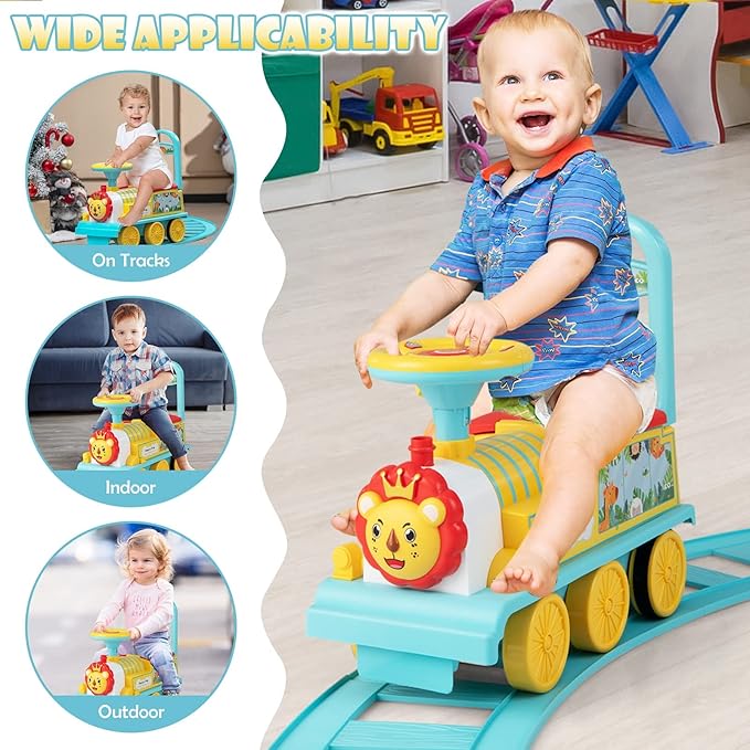 OLAKIDS Kids Ride On Train with Track, 6V Electric Toy with Lights and Sounds, Retractable Footrest, Under Seat Storage, Christmas Theme Battery Powered Gift for Toddlers Boys Girls (Lion)