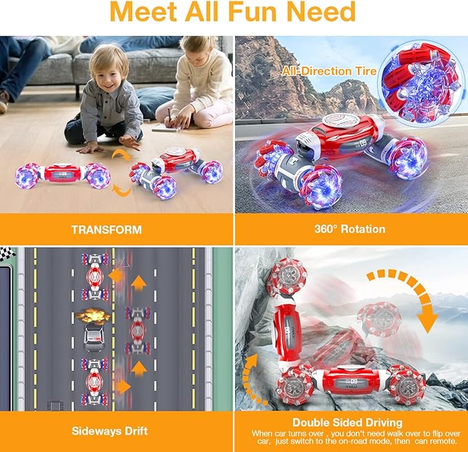 Powerextra 2024 New Remote Control Car, 1:12 Gesture Control Rc Stunt Car with Light & Music, 4WD Transform Off Road Double Side 360° Rotating Glove Racing Toy Car, 90+ Mins Play Car
