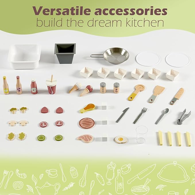 Wooden Food Cart, Kitchen Playset 50-Piece Toddler Pretend Play Grocery Store with Sink and Ice Maker, Kitchen Set for Kids Ages 3+, Gift for Boys and Girls