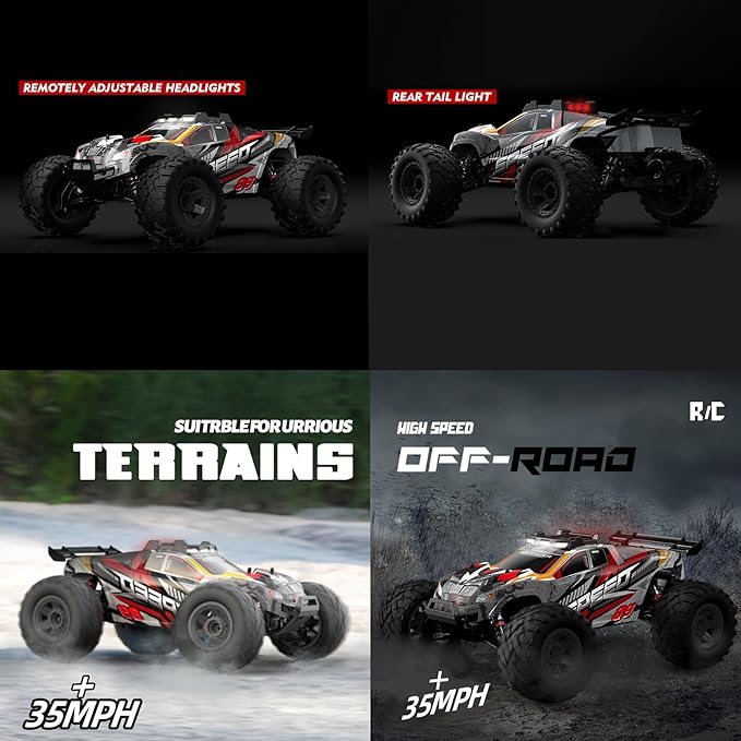 1:10 Large Brush RC Car for Adults, Fast Remote Control Car, 28+ MPH Rc Hobby Truck with Headlights, All Terrain 2.4Ghz Electric Hobby Rc Cars, 4WD Off Road Monster Truck for Adults - Red