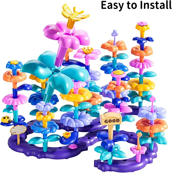 TEMI 165 PCS Flower Garden Building Toys for Toddler, Educational STEM Toy and Preschool Garden Play Set for Toddlers 3 4 5 6 7 Year Old Kids Boys Girls, Flower Stacking Toys for Kids Age 3-8