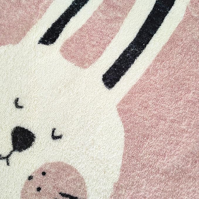 Poowe Pink Rabbit Soft Plush Round Rug for Kids Room - 4 ft Alphabet Non Slip Nursery Bedroom Playroom Washable Classroom ABC Circle Rug for Kids Baby Toddlers