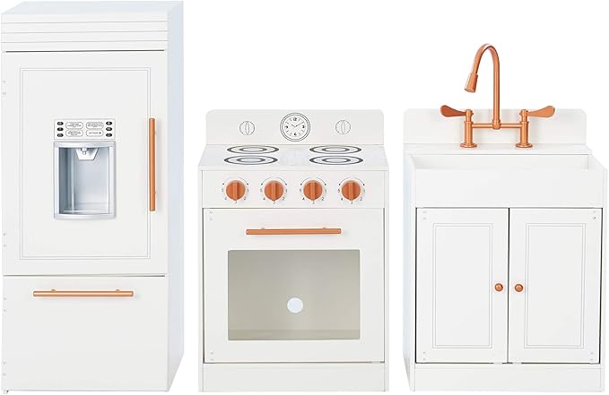 Teamson Kids Little Chef Paris Modular Contemporary Interactive Wooden Play Kitchen with Refrigerator, Oven, Sink, and Storage Space for Easy Clean Up, White with Rose Gold Finishes