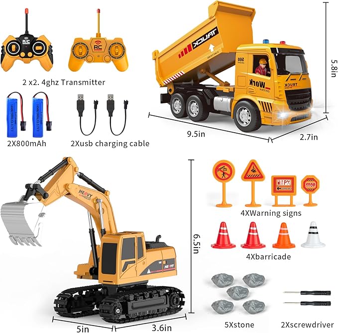Remote Control Excavator and Dump Truck Toy Set - RC Construction Vehicles Toy with Barricades, Road Signs, Simulated Rocks, Lights and Sounds, Present for Toddlers 3-12 Year Boys Girls