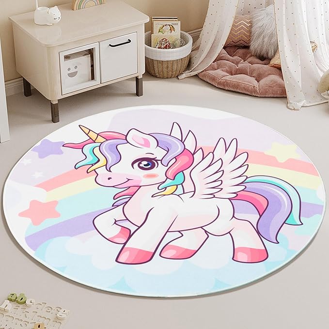 Round Rug for Kids Room Unicorn Circle Rugs for Bedroom Kids Rugs for Playroom Girls Cute Cartoon Carpet Living Room Dining Room Decor 47x47 inch