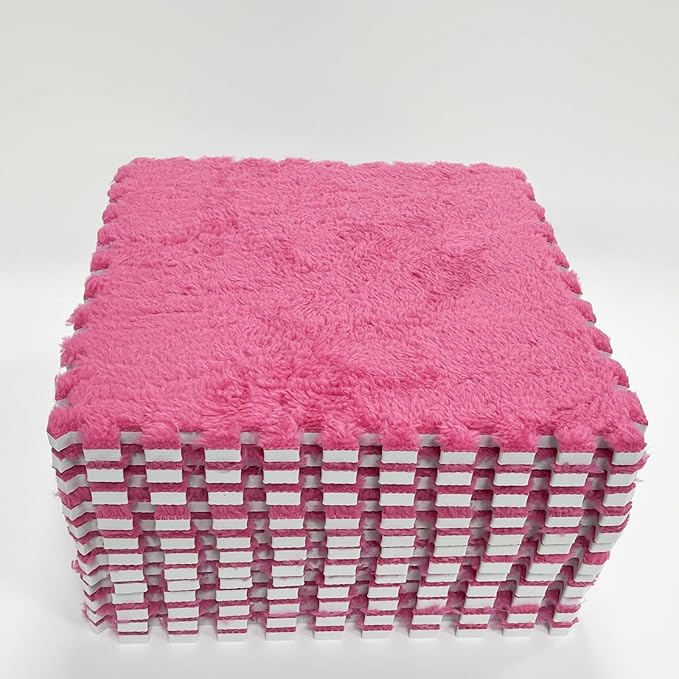 Interlocking Carpet Shaggy Soft EVA Foam Mats Fluffy Area Rugs Protective Floor Tiles Exercise Play Mat for Children Kids Room Home Parlor Bedroom (12 Pcs, Rose)