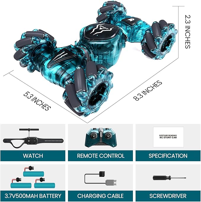 Tecnock Remote Control Car RC Cars for Boys Girls, 2.4GHz 4WD Gesture Sensing RC Stunt Car Toys - 360° Rotating Double Sided Hand Controlled RC Car with Lights, Gifts for Kids