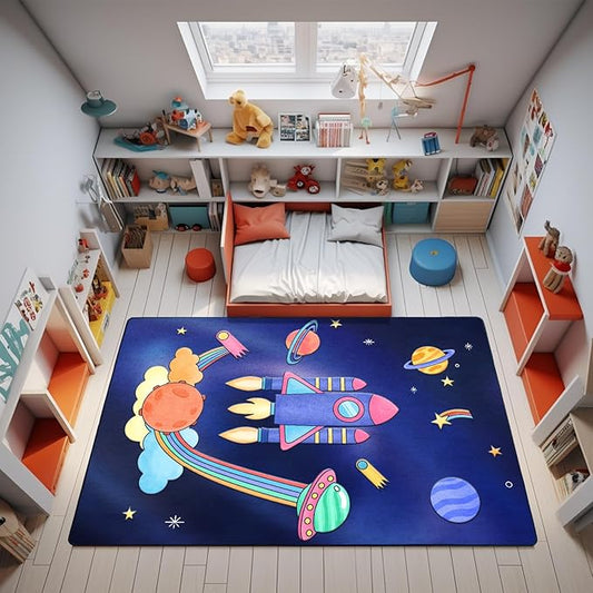 Space Rockets Rug for Kids Room Solar System Area Rugs for Boys Bedroom Kids Rugs for Playroom Space Planet Theme Rug Living Room Dining Room Decor 60x84 inch