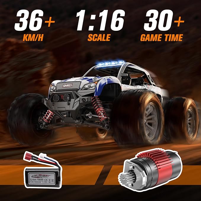 1/16 Scale Hobby RC Car, 36 KPH High-Speed 4WD RC Truck, 2.4 GHz Remote Control Car, All-Terrain Electric Vehicle, 4X4 Remote Contral Moster Truck for Kids and Adults