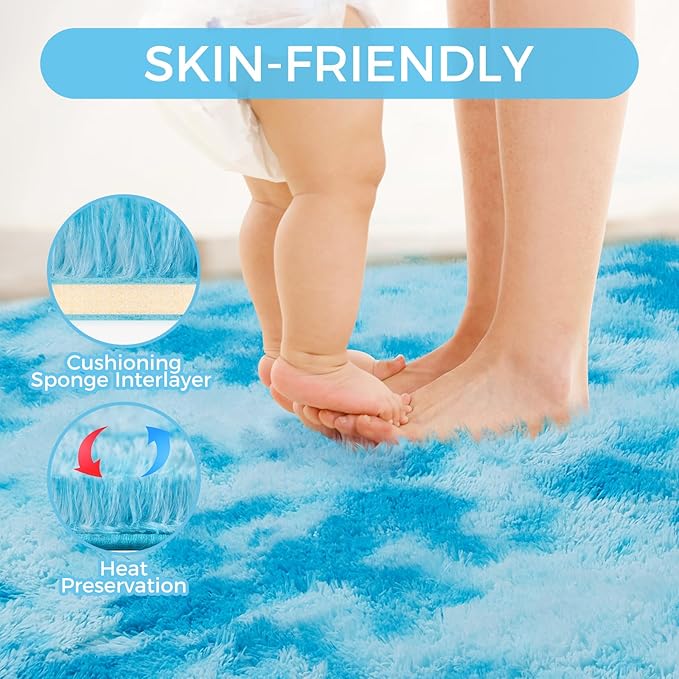 Ultra Soft Rug for Living Room, 4X5.8 Fluffy Shag Area Rug for Bedroom, Modern Shaggy Carpets Fuzzy Rug for Teens Dorm Nursery Home Decor Aesthetic, Upgrade Anti-Skid Durable, Tie-Dyed Blue