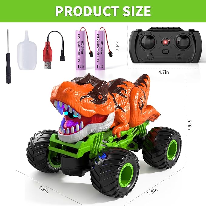 Remote Control Dinosaur Car for Boys Kids, 2.4Ghz RC Dinosaur Truck for Toddlers, Electric Hobby RC Car Toys with Light & Sound Spray Christmas Birthday for 3 4 5 6 7 8 Year olds Kids Boys