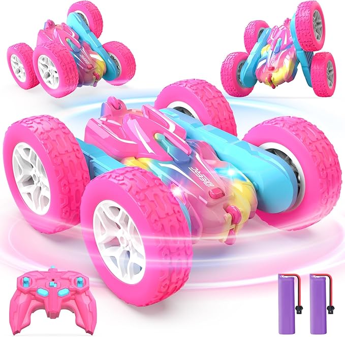 DEERC Rainbow Remote Control Car for Girls, Pink RC Cars Toy with LED Lights, 2.4 GHZ Double Sided RC Stunt Drift Car 360°Rotating, All Terrain RC Crawler Gift for Kids, 40+ Mins Running Time