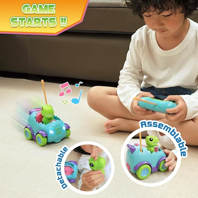 Nueplay Remote Control Car for Toddler Age 2 3 4 5, Electric RC Toys with Light & Music, Toddler Dinosaur Toys, Dino Race Vehicles, Dinosaur Figures Truck, Birthday Gift for Boys & Girls Green